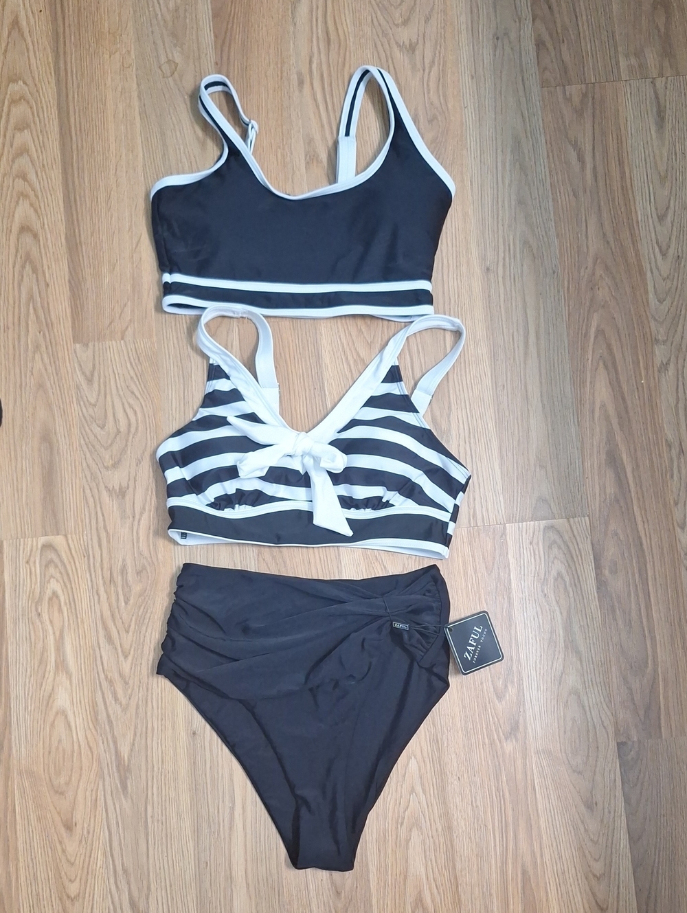 Zaful Blooming Jelly Black & White Striped Bikini with Solid Black Bottoms Set